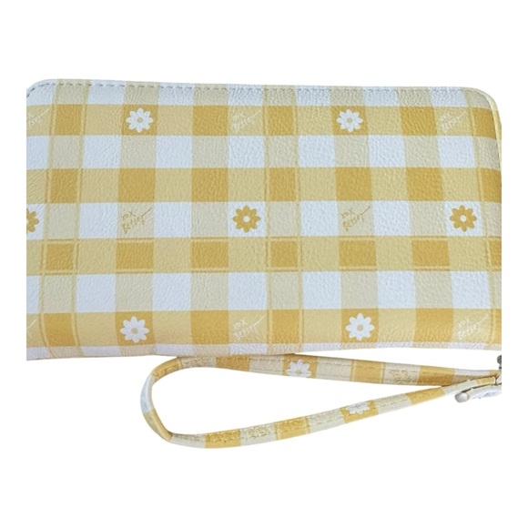 Betsy Johnson Yellow & White Gingham Floral Phone Zip Around Wristlet Wallet - Picture 4 of 6